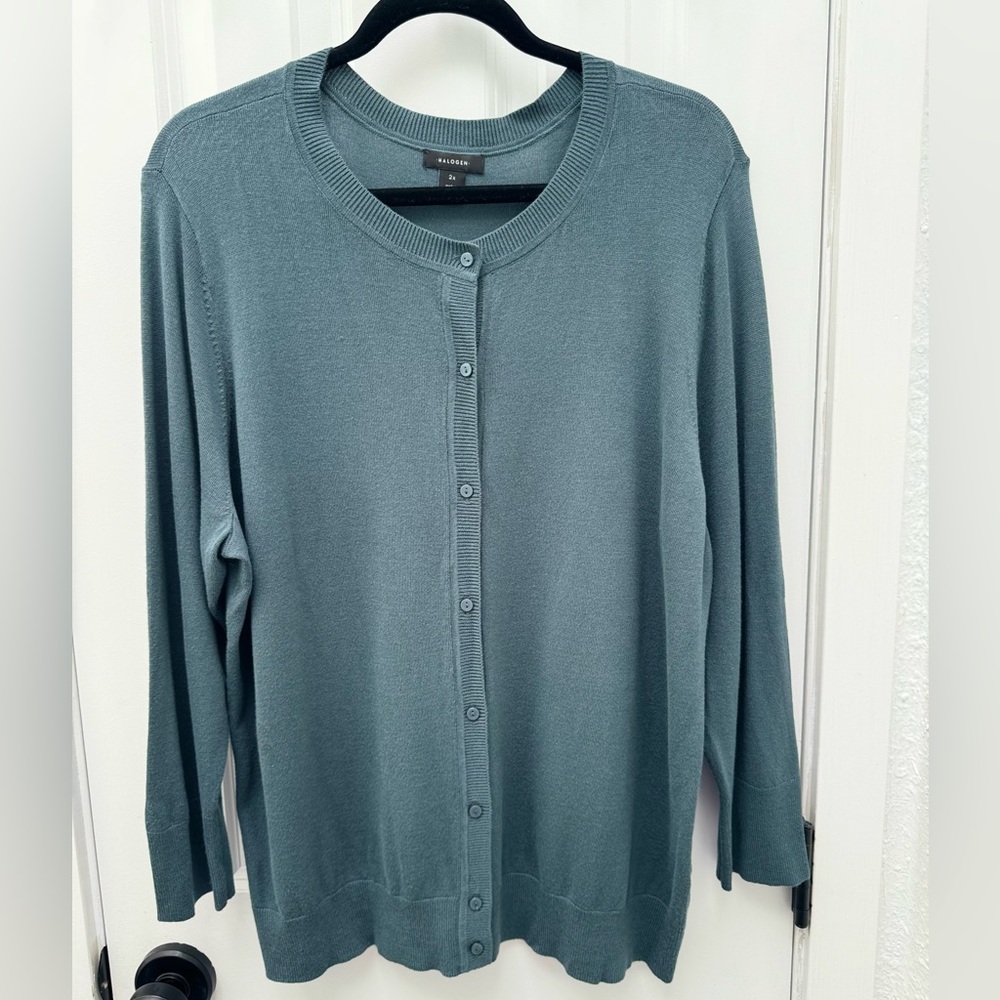 Halogen Cardigan, teal/gray button down